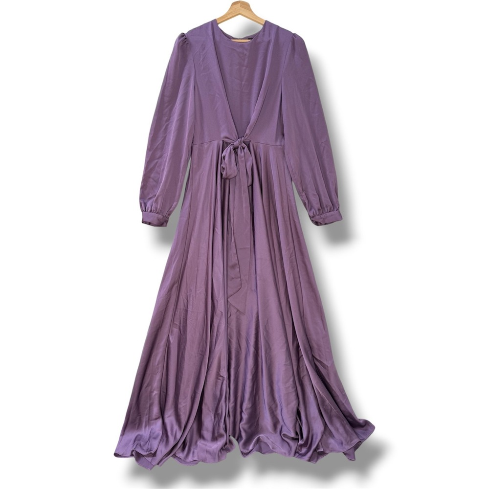 Purple Satin Maxi Dress Long Sleeve‎ High Waist Tie Formal Gown Romantic Cottage - Picture 2 of 7